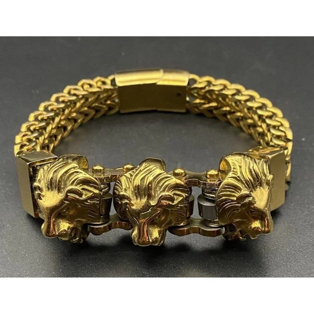 Mens Heavy Triple Lion Head Bracelet 108g Dark Gold Tone 9